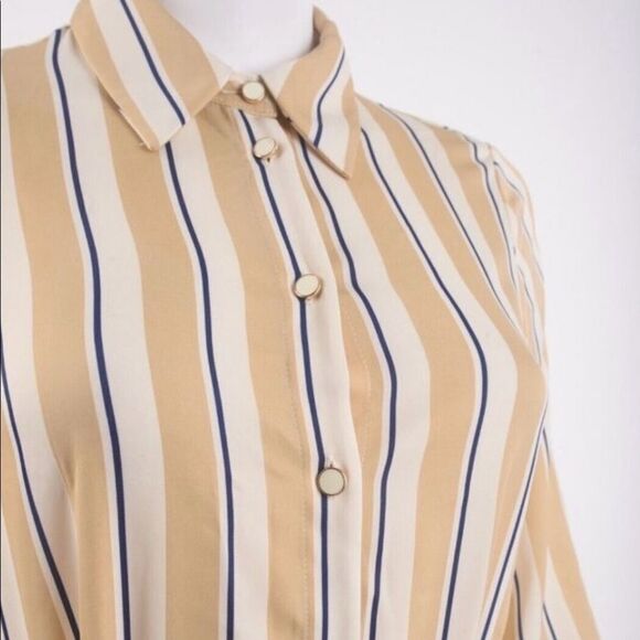 ZARA Striped Belted Midi Dress long sleeves tan,white,blue Size XS NWT - Picture 5 of 9